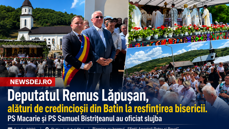 Deputatul Remus Lăpușan, alături de credincioșii din Batin la resfințirea bisericii. PS Macarie și PS Samuel Bistrițeanul au oficiat slujba