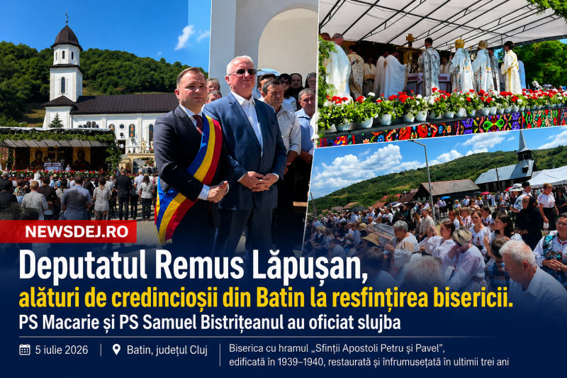 Deputatul Remus Lăpușan, alături de credincioșii din Batin la resfințirea bisericii. PS Macarie și PS Samuel Bistrițeanul au oficiat slujba